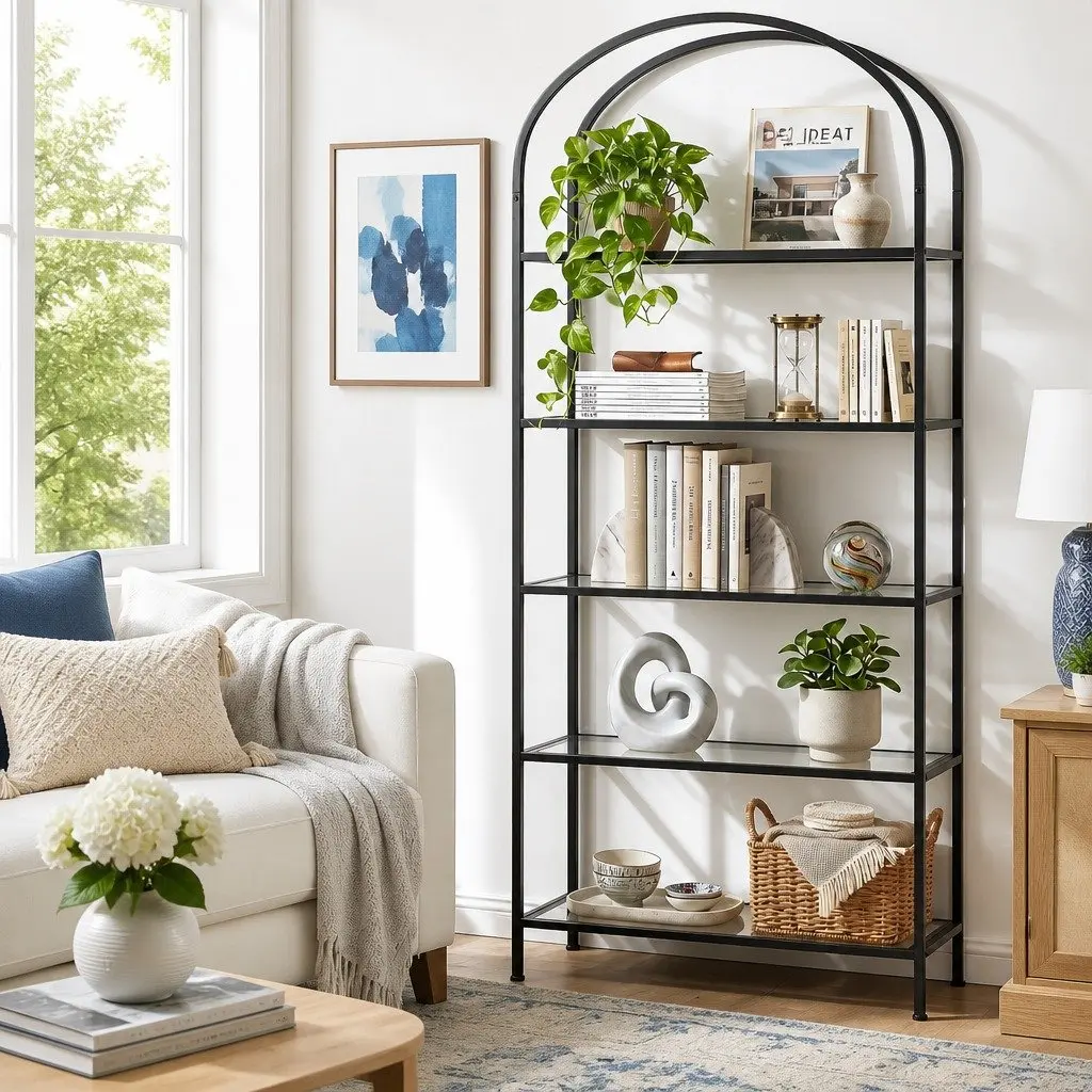 5-Tier Industrial Bookcase with Glass Shelves