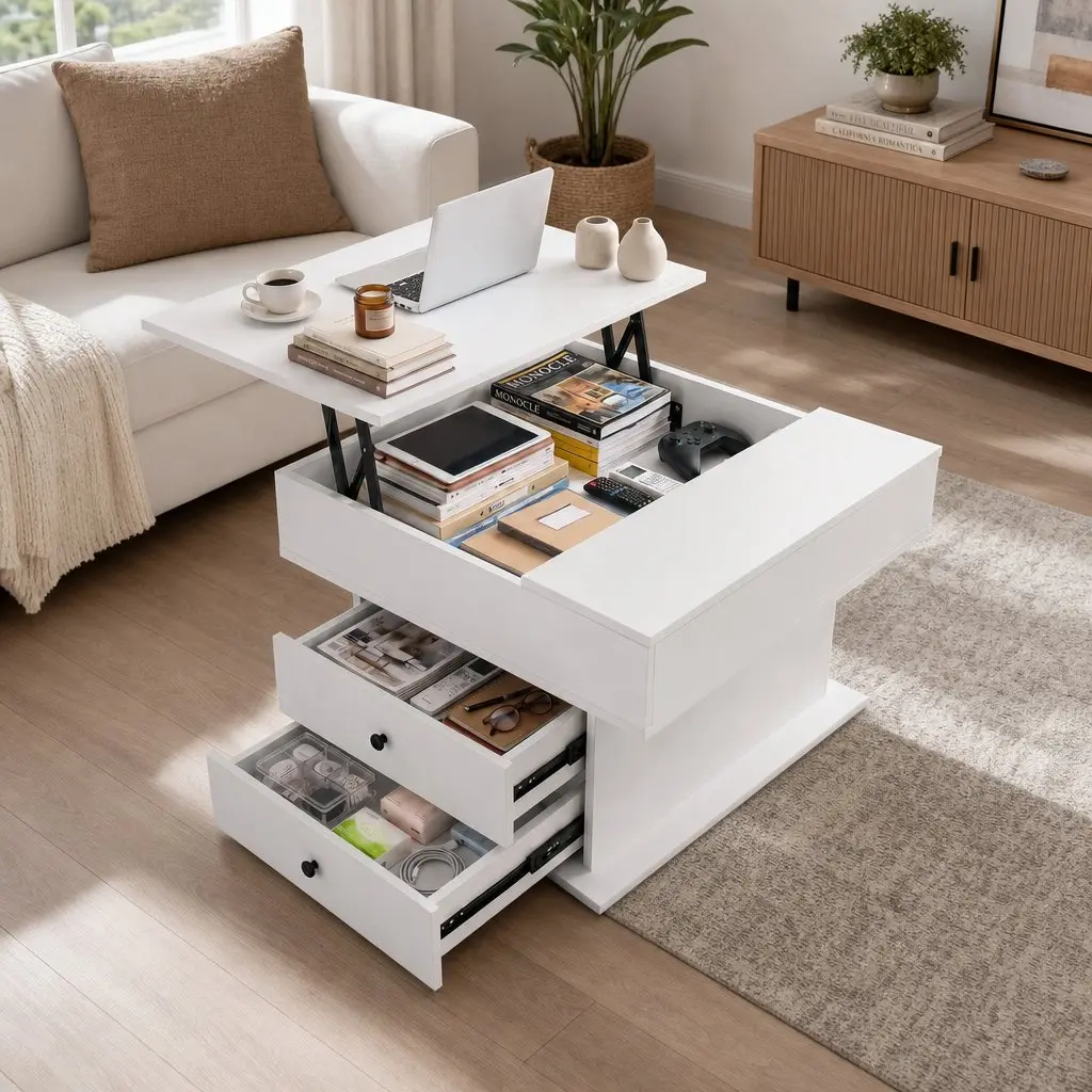 Lift Top Coffee Table Square White MDF Rotating Top Hidden Storage