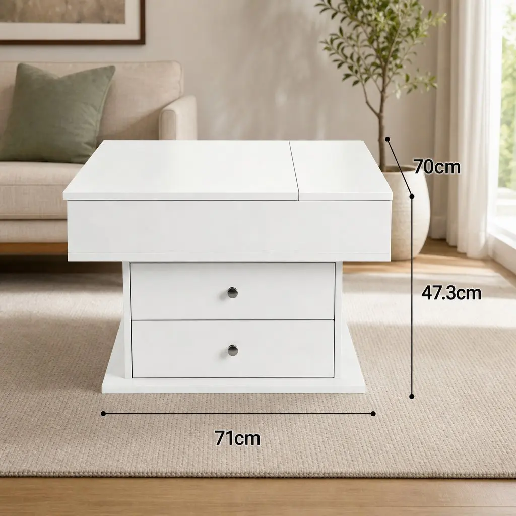 Lift Top Coffee Table Square White MDF Rotating Top Hidden Storage