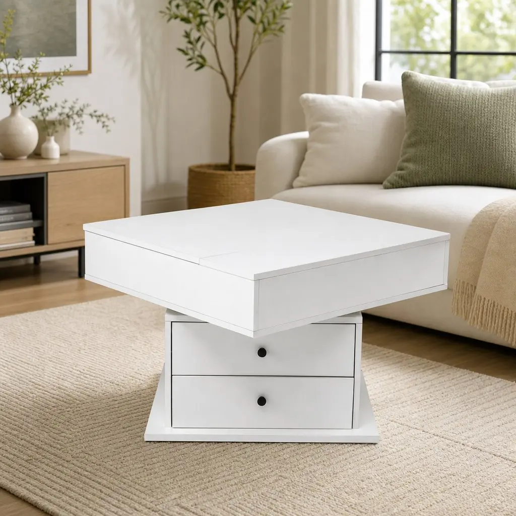 Lift Top Coffee Table Square White MDF Rotating Top Hidden Storage