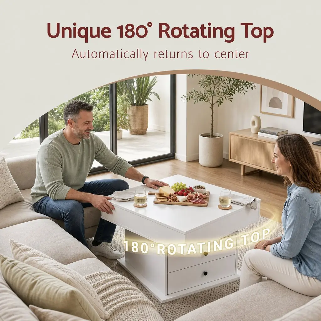 Lift Top Coffee Table Square White MDF Rotating Top Hidden Storage