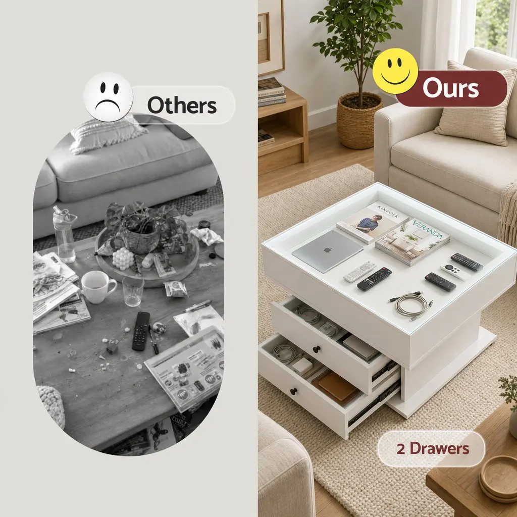 Lift Top Coffee Table Square White MDF Rotating Top Hidden Storage