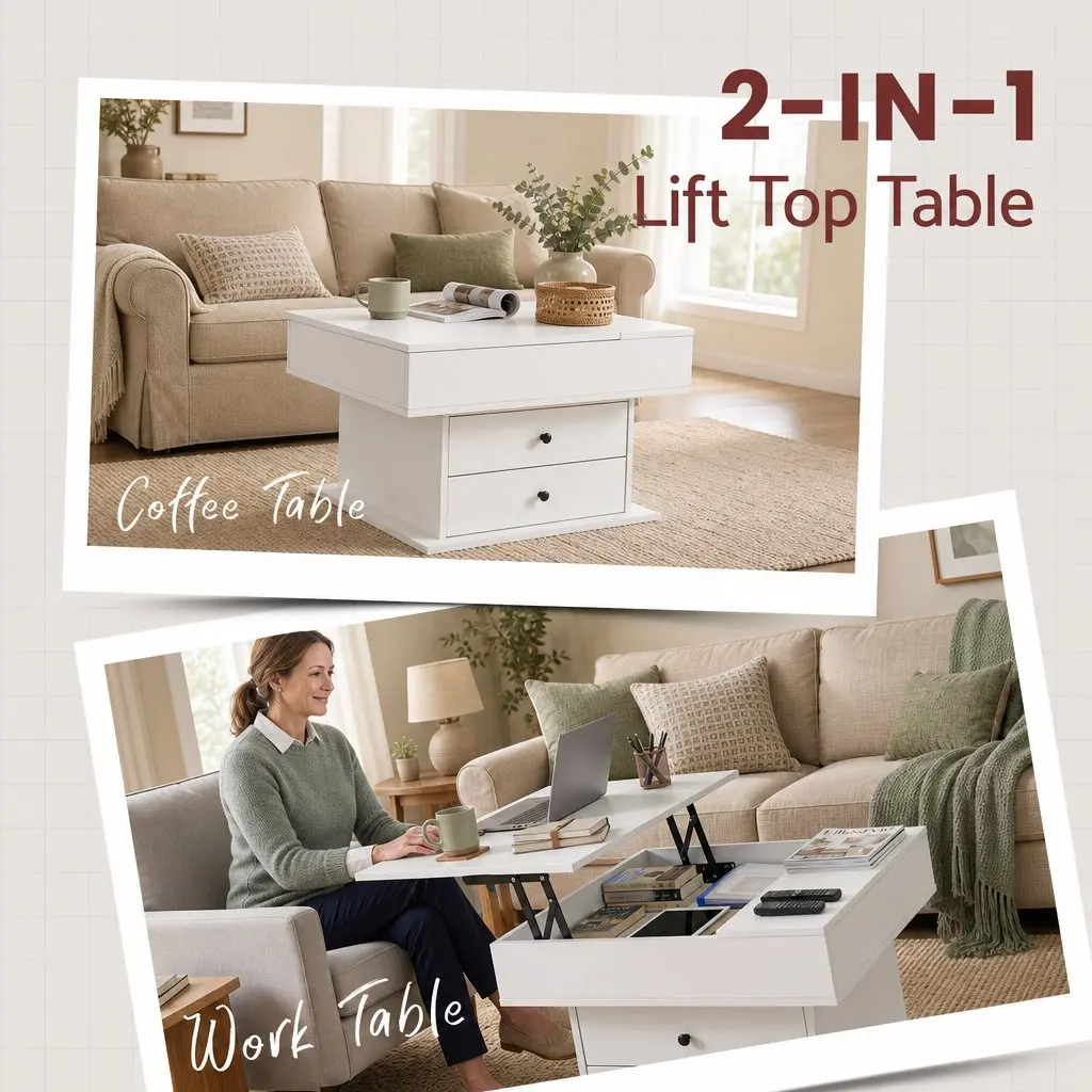 Lift Top Coffee Table Square White MDF Rotating Top Hidden Storage