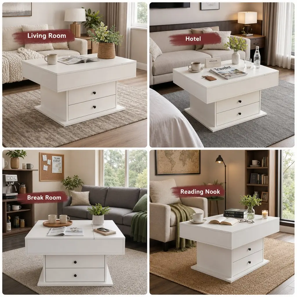 Lift Top Coffee Table Square White MDF Rotating Top Hidden Storage