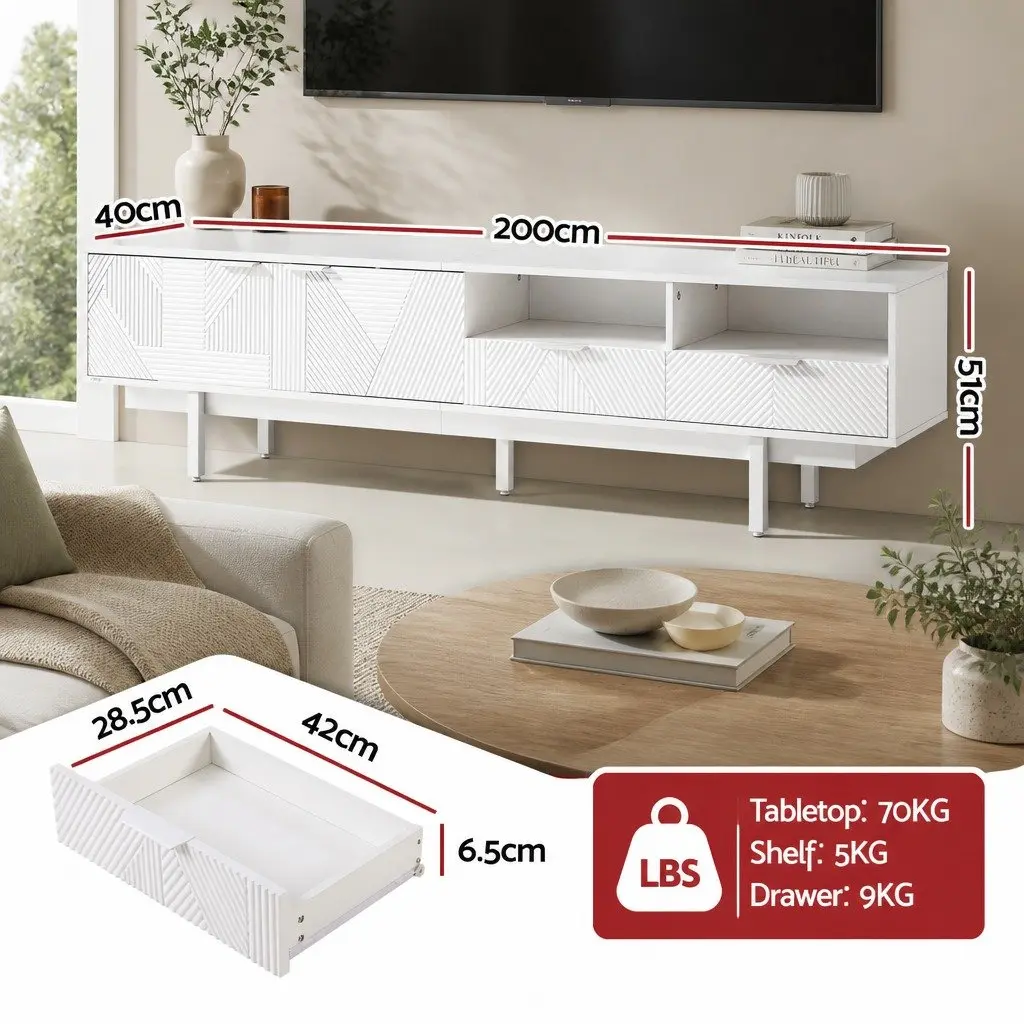 White 200cm Modern TV Entertainment Unit for Living Rooms