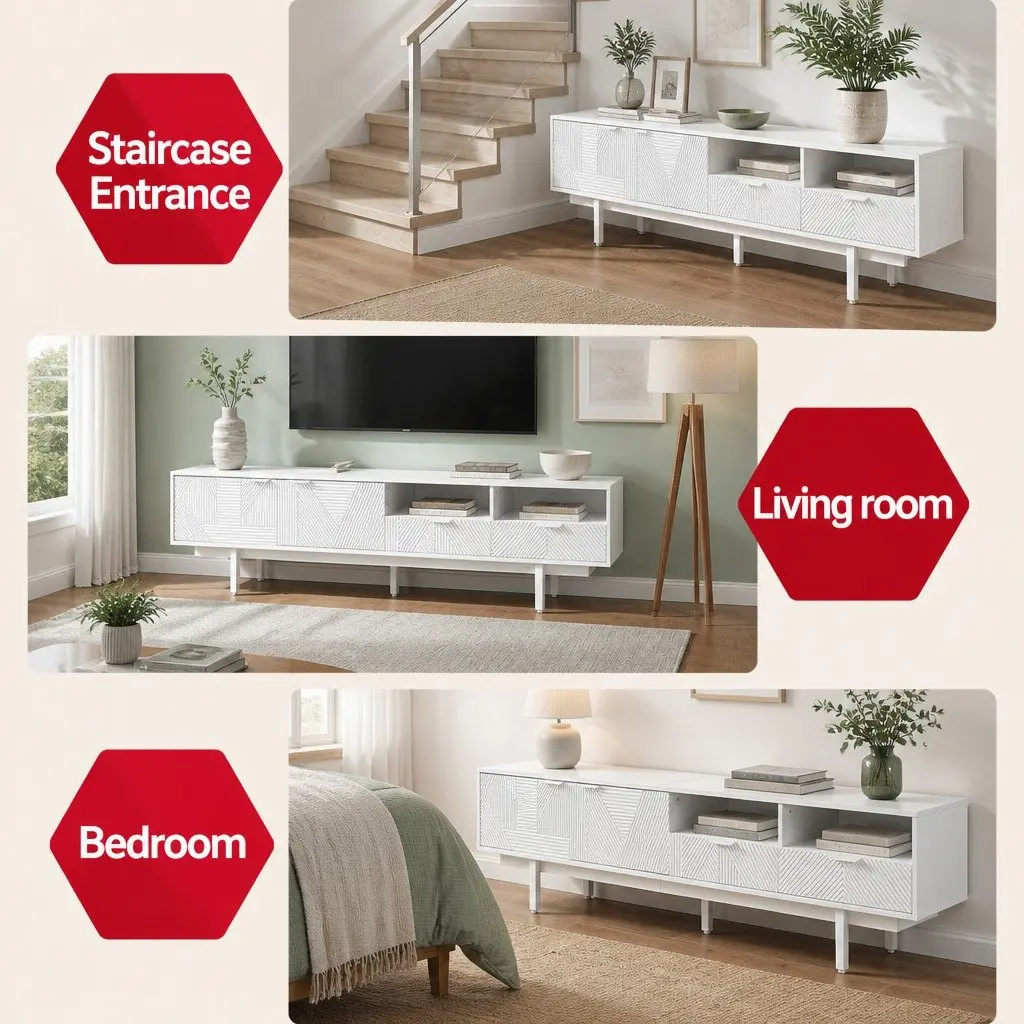 White 200cm Modern TV Entertainment Unit for Living Rooms