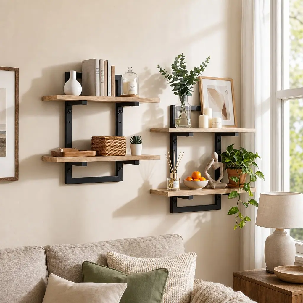 Floating Wall Shelf 2-Tier Wood and Black Metal Set of 2