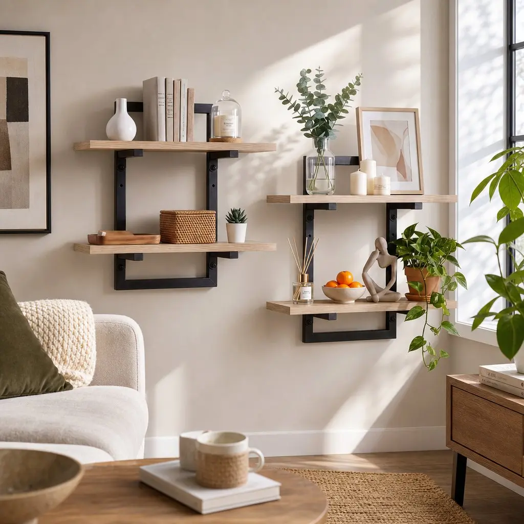 Floating Wall Shelf 2-Tier Wood and Black Metal Set of 2