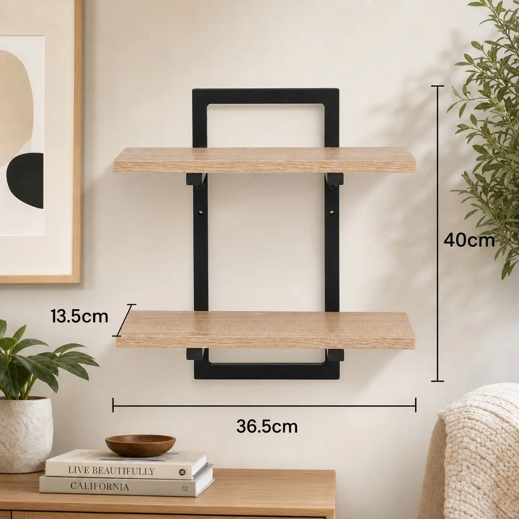 Floating Wall Shelf 2-Tier Wood and Black Metal Set of 2