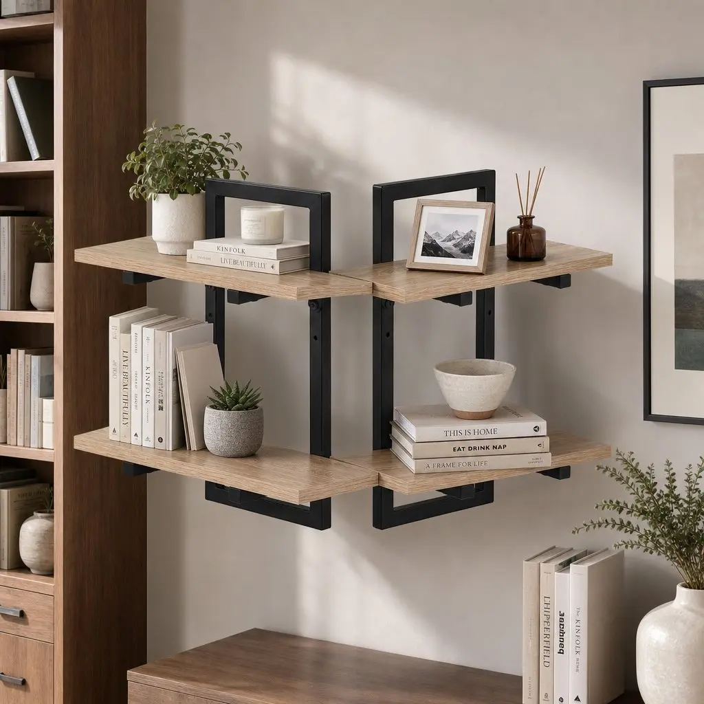 Floating Wall Shelf 2-Tier Wood and Black Metal Set of 2