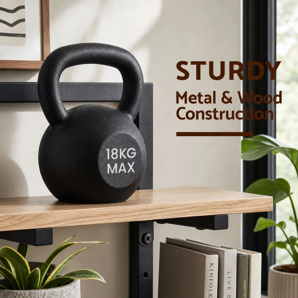 Floating Wall Shelf 2-Tier Wood and Black Metal Set of 2