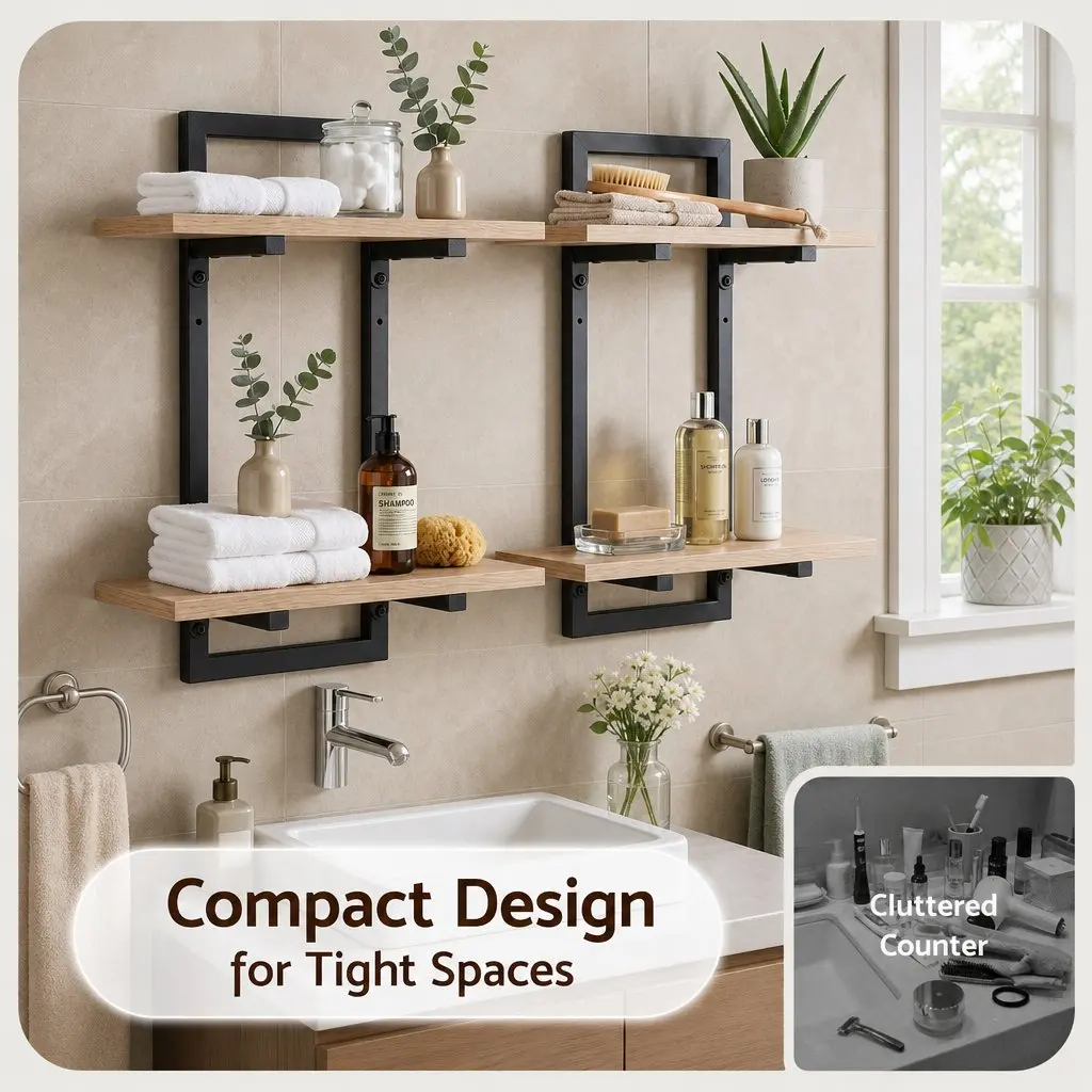 Floating Wall Shelf 2-Tier Wood and Black Metal Set of 2