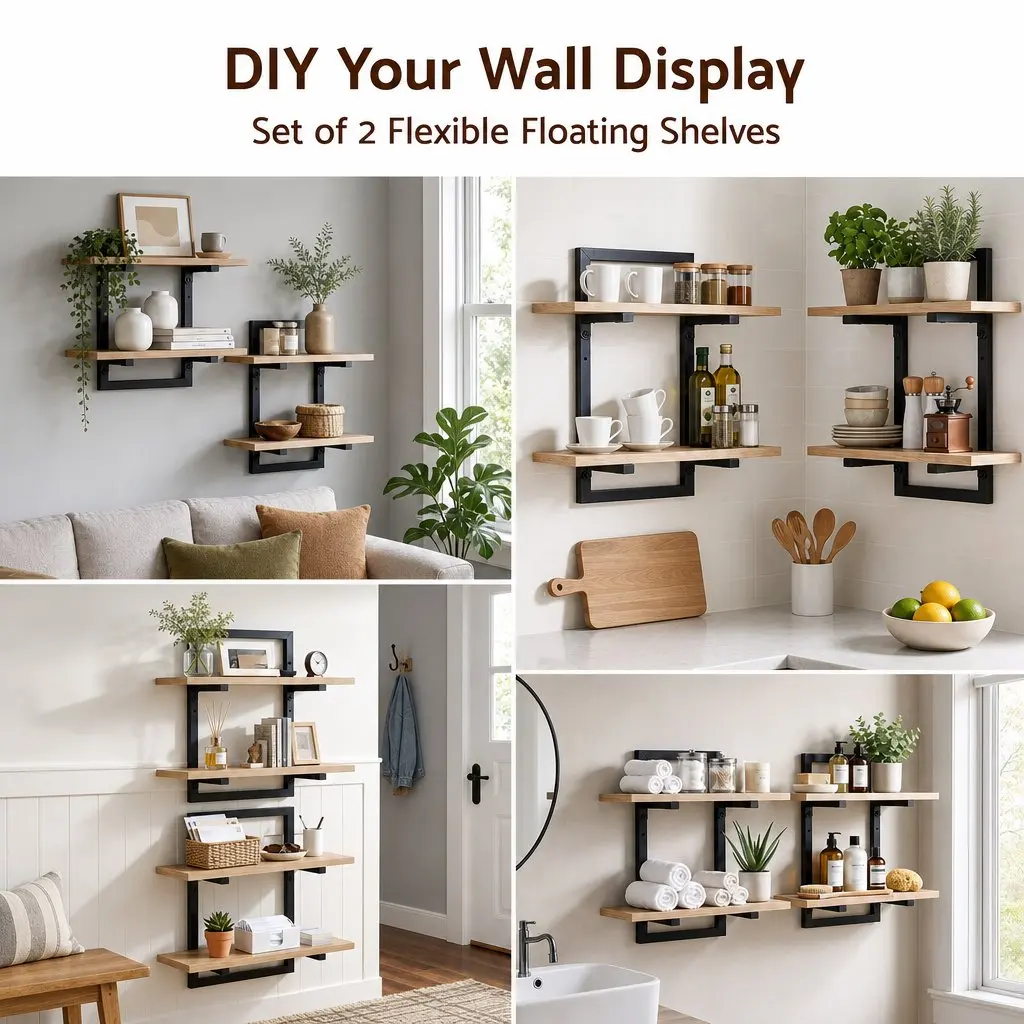 Floating Wall Shelf 2-Tier Wood and Black Metal Set of 2
