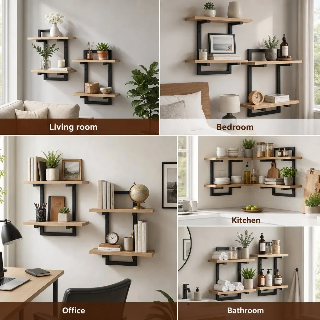 Floating Wall Shelf 2-Tier Wood and Black Metal Set of 2