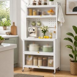 White Kitchen Storage Cabinet with Shelves and Pegboard