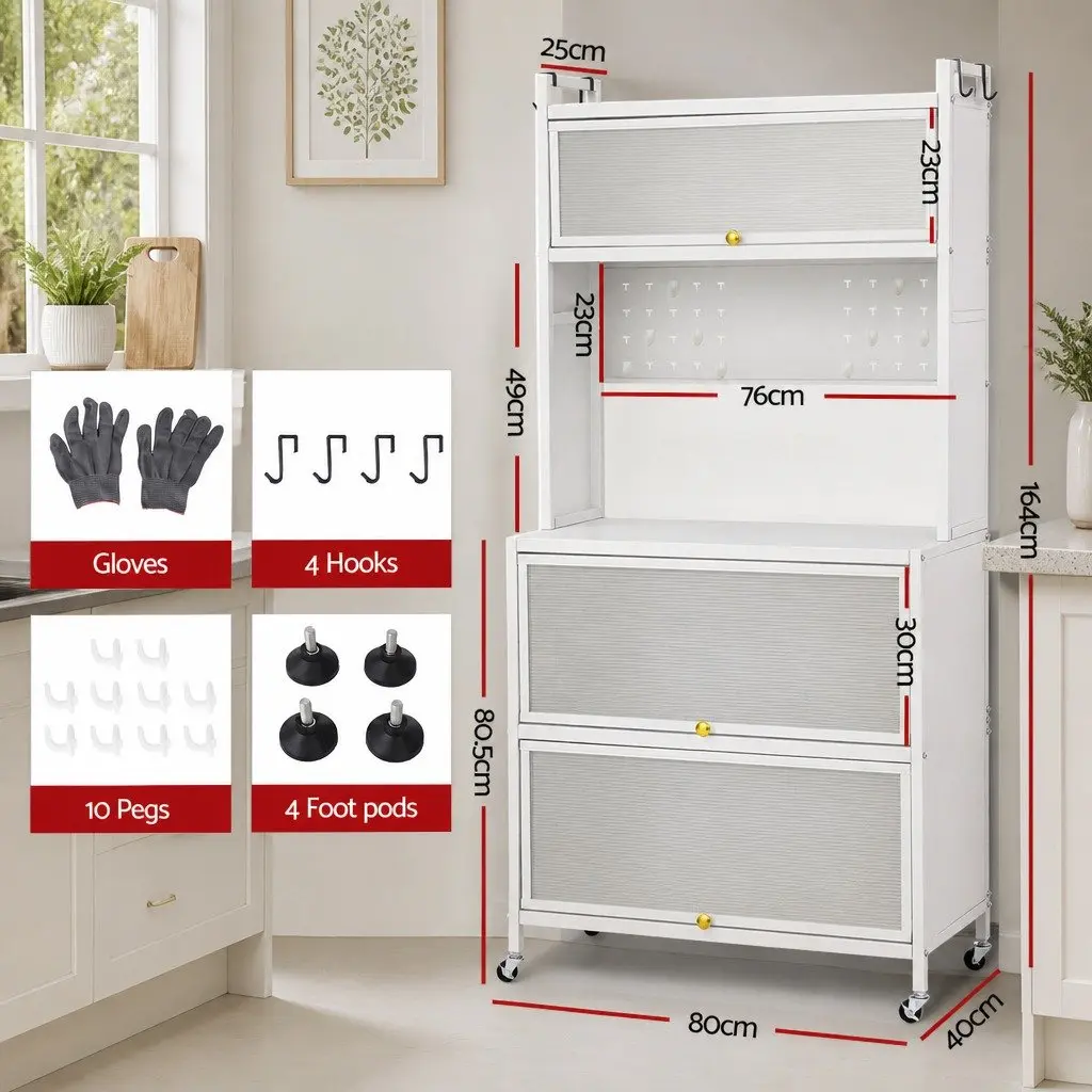 Kitchen Storage Cabinet White 80CM PVC and Carbon Steel Shelves Pegboard Sideboard