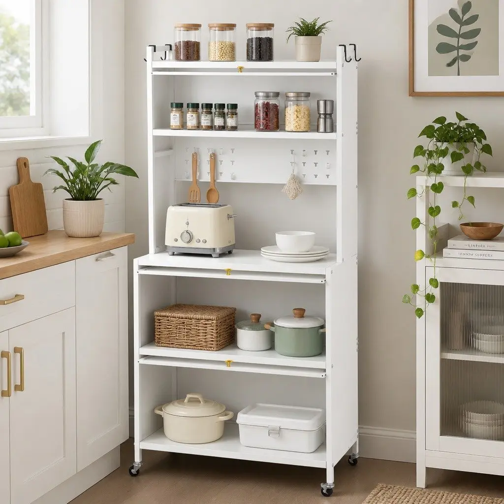 Kitchen Storage Cabinet White 80CM PVC and Carbon Steel Shelves Pegboard Sideboard