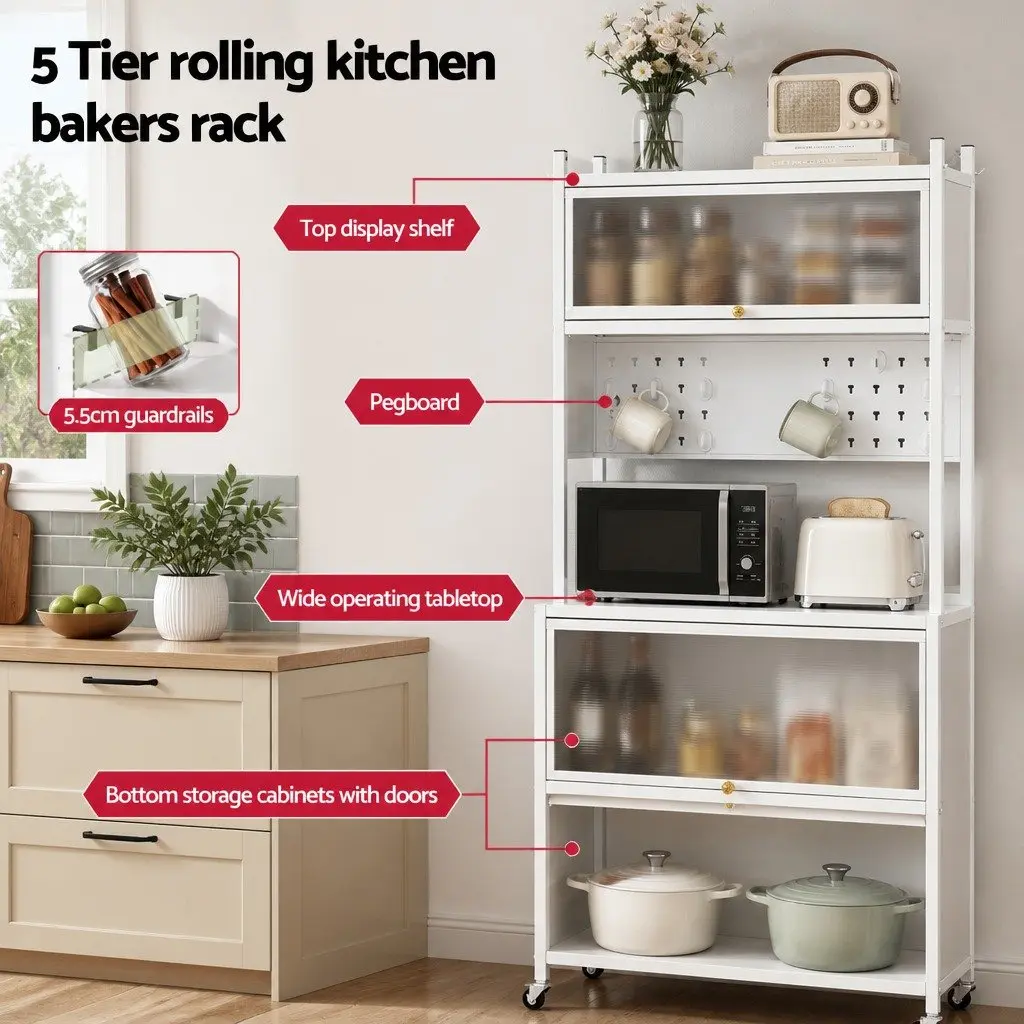 Kitchen Storage Cabinet White 80CM PVC and Carbon Steel Shelves Pegboard Sideboard