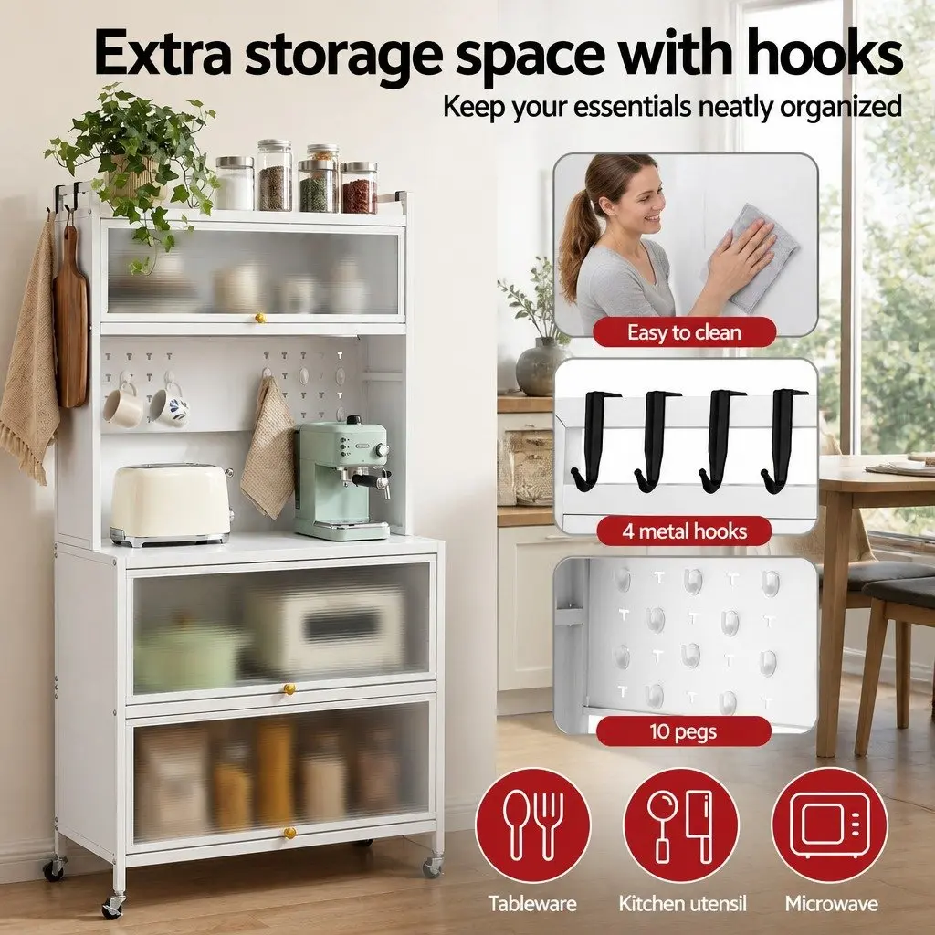 Kitchen Storage Cabinet White 80CM PVC and Carbon Steel Shelves Pegboard Sideboard