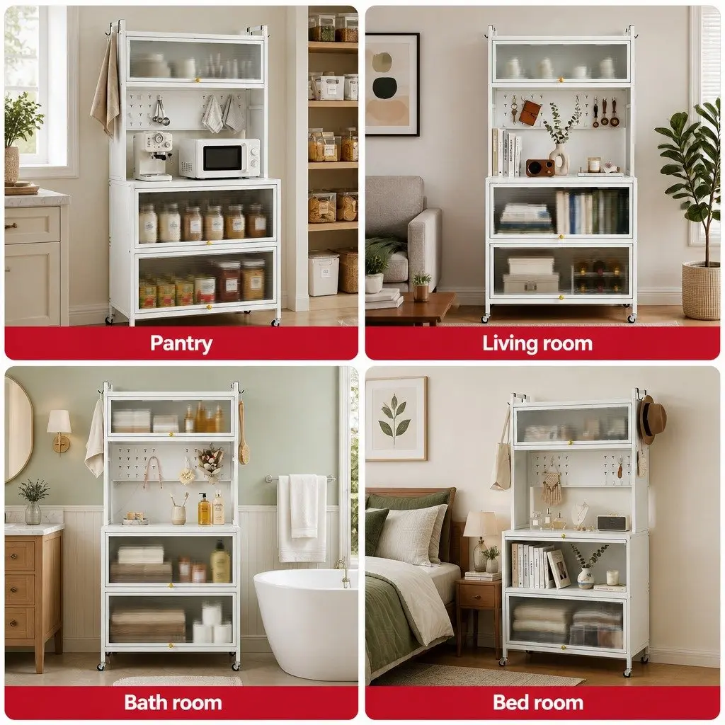Kitchen Storage Cabinet White 80CM PVC and Carbon Steel Shelves Pegboard Sideboard
