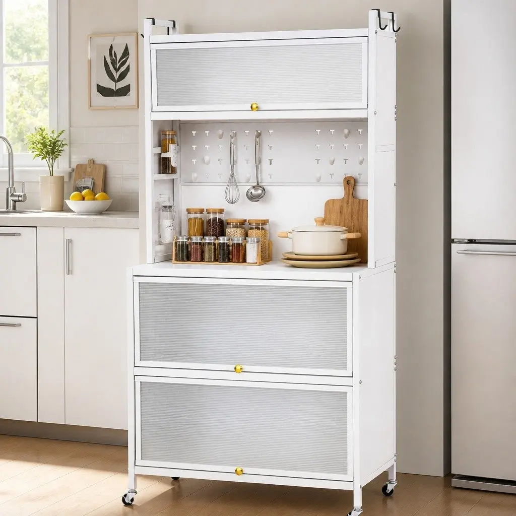 Kitchen Storage Cabinet White 80CM PVC and Carbon Steel Shelves Pegboard Sideboard