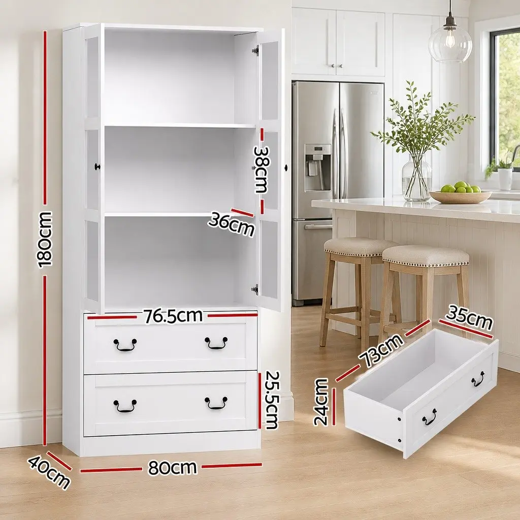 Buffet Sideboard White 180cm Kitchen Storage Cabinet with Clear Glass Door Drawers