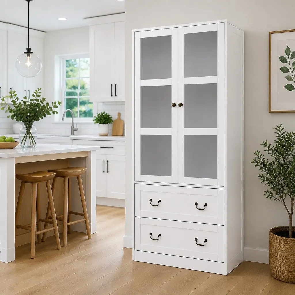Buffet Sideboard White 180cm Kitchen Storage Cabinet with Clear Glass Door Drawers