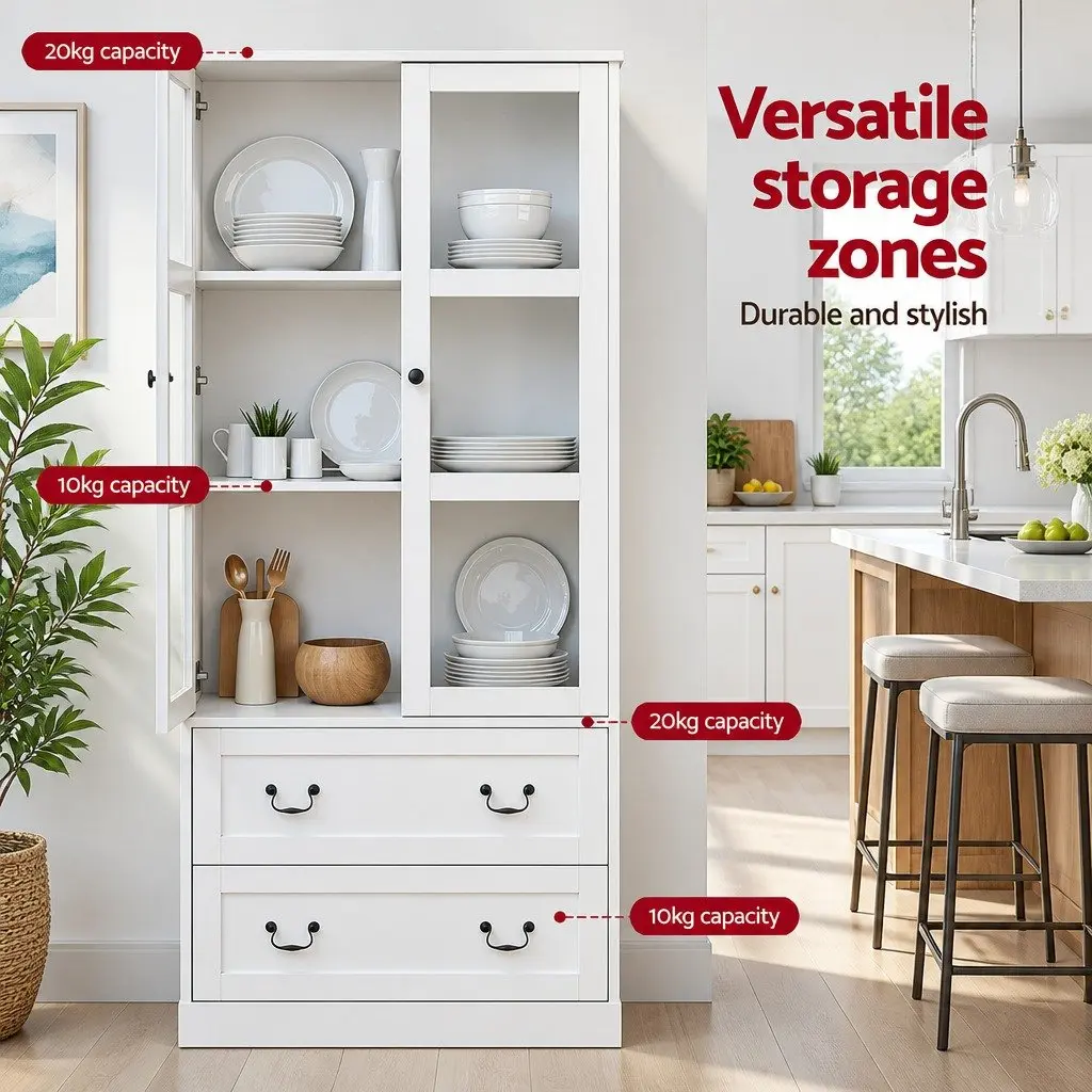 Buffet Sideboard White 180cm Kitchen Storage Cabinet with Clear Glass Door Drawers