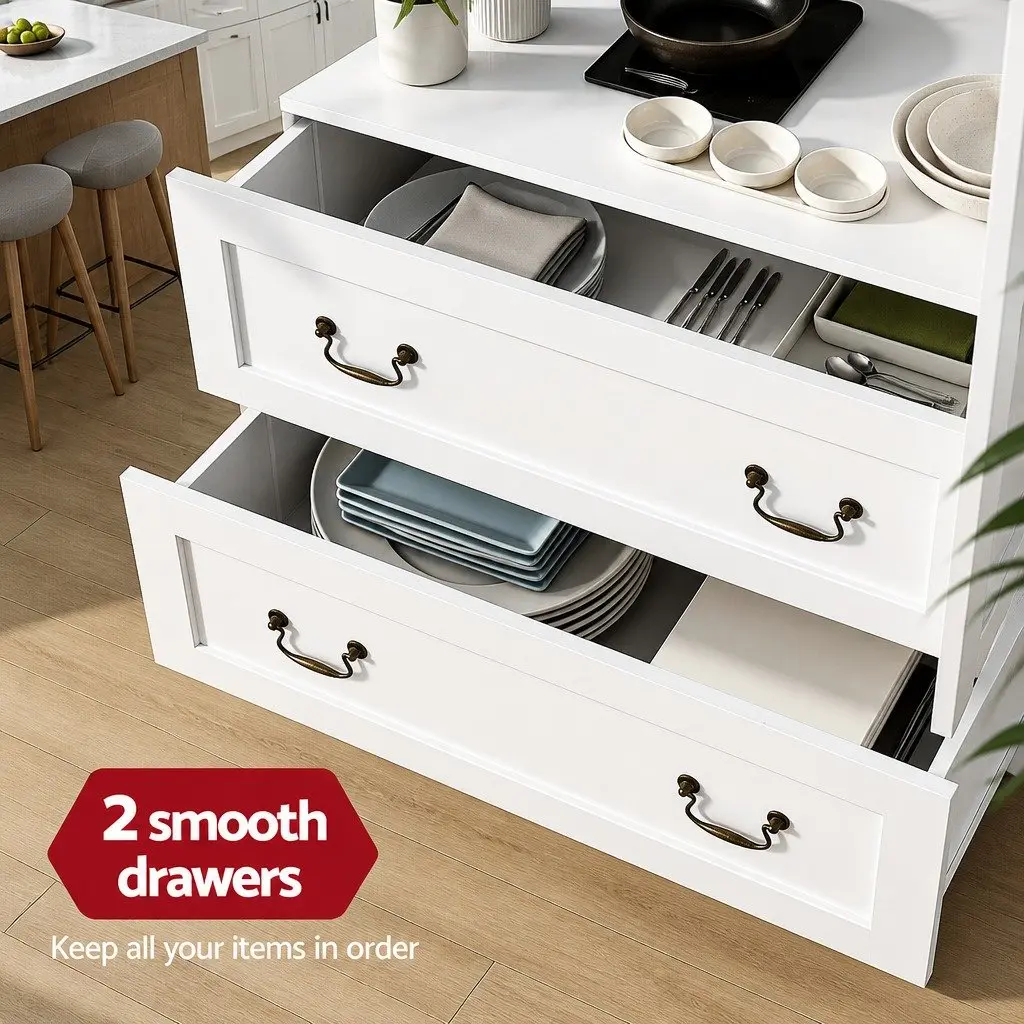 Buffet Sideboard White 180cm Kitchen Storage Cabinet with Clear Glass Door Drawers