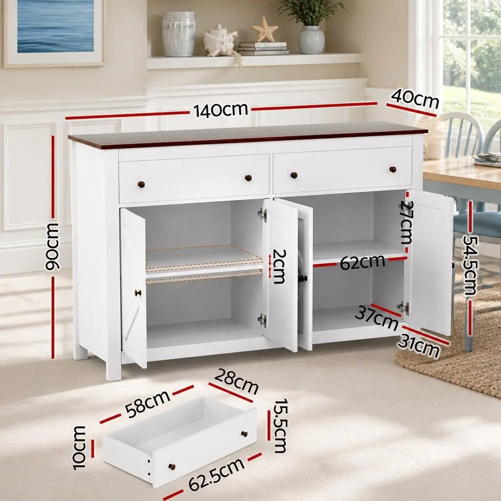 Buffet Sideboard Storage Cabinet X-Frame Doors 140CM 2 Drawers White or Walnut Particle Board MDF Metal