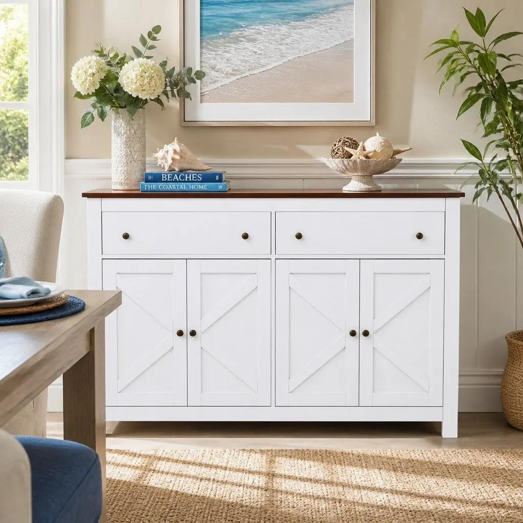 Buffet Sideboard Storage Cabinet X-Frame Doors 140CM 2 Drawers White or Walnut Particle Board MDF Metal