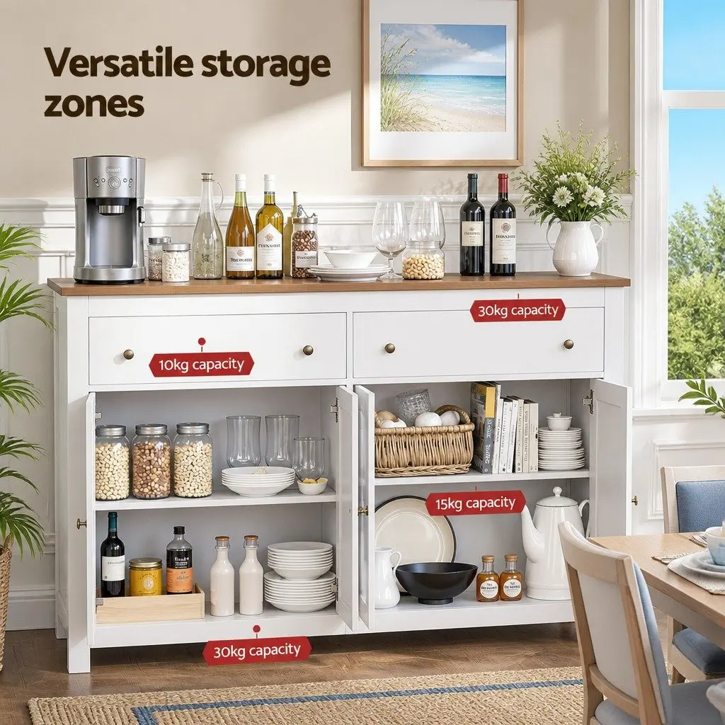 Buffet Sideboard Storage Cabinet X-Frame Doors 140CM 2 Drawers White or Walnut Particle Board MDF Metal