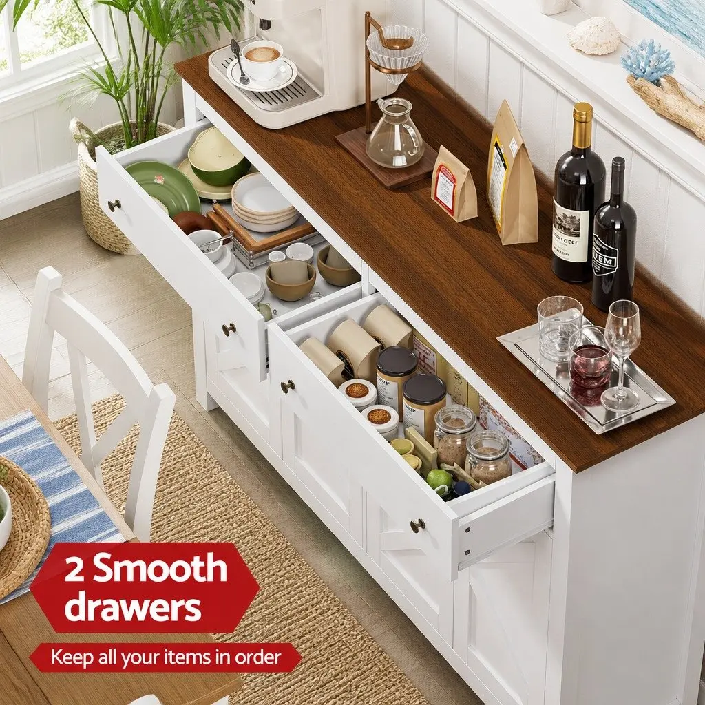 Buffet Sideboard Storage Cabinet X-Frame Doors 140CM 2 Drawers White or Walnut Particle Board MDF Metal