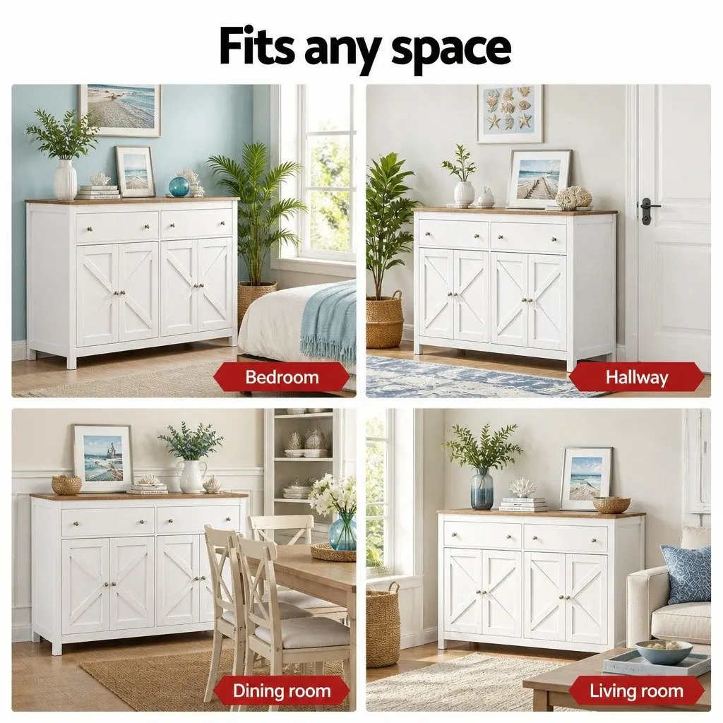 Buffet Sideboard Storage Cabinet X-Frame Doors 140CM 2 Drawers White or Walnut Particle Board MDF Metal