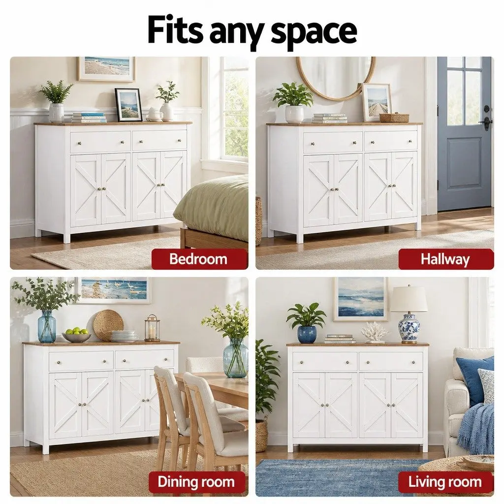 Buffet Sideboard Storage Cabinet X-Frame Doors 140CM 2 Drawers White or Walnut Particle Board MDF Metal