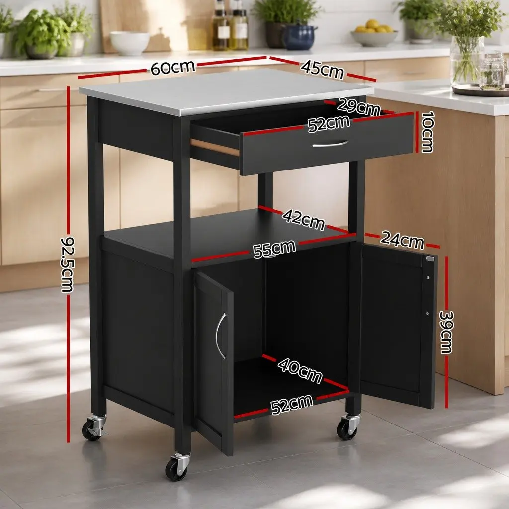 Kitchen Trolley Rolling Serving Cart 60cm Black MDF Stainless Steel