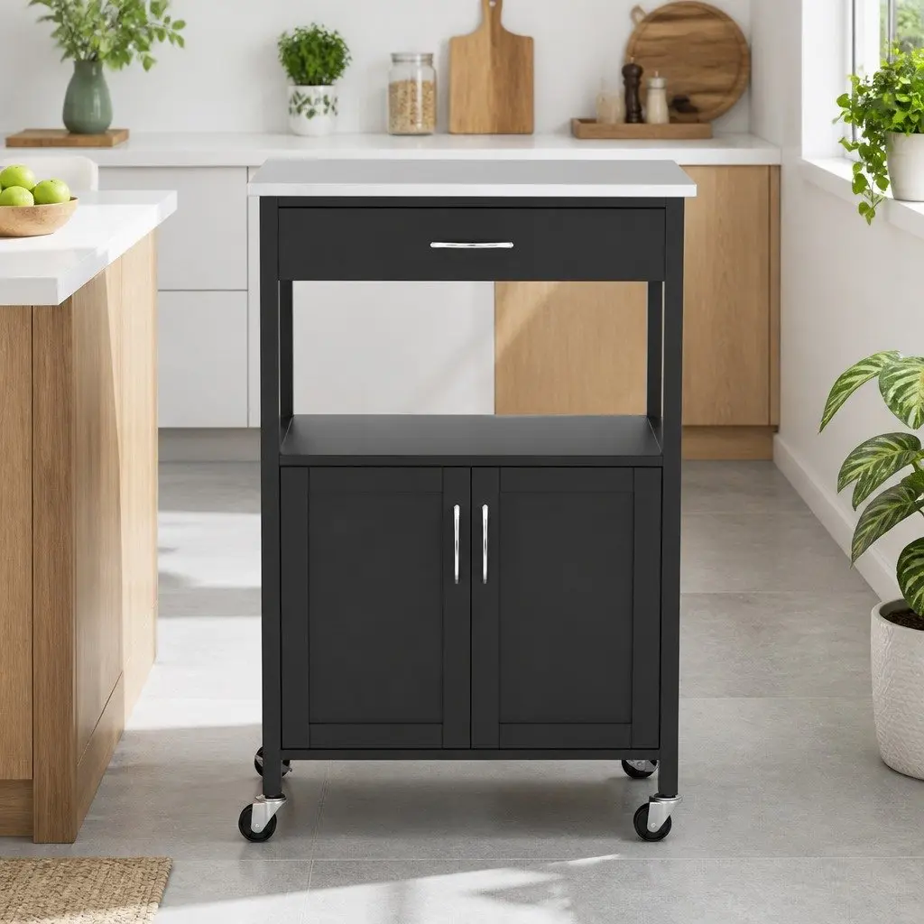 Kitchen Trolley Rolling Serving Cart 60cm Black MDF Stainless Steel