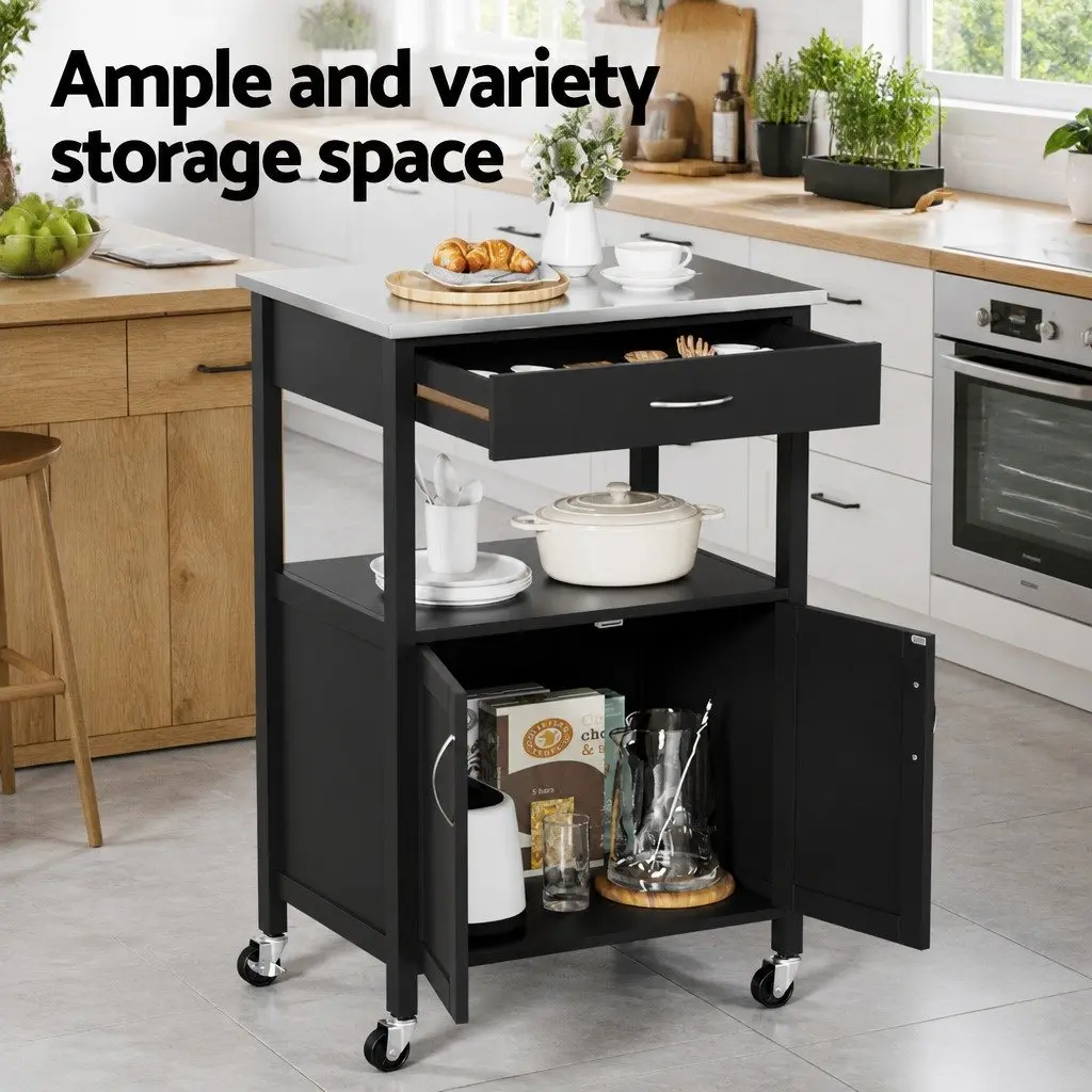 Kitchen Trolley Rolling Serving Cart 60cm Black MDF Stainless Steel