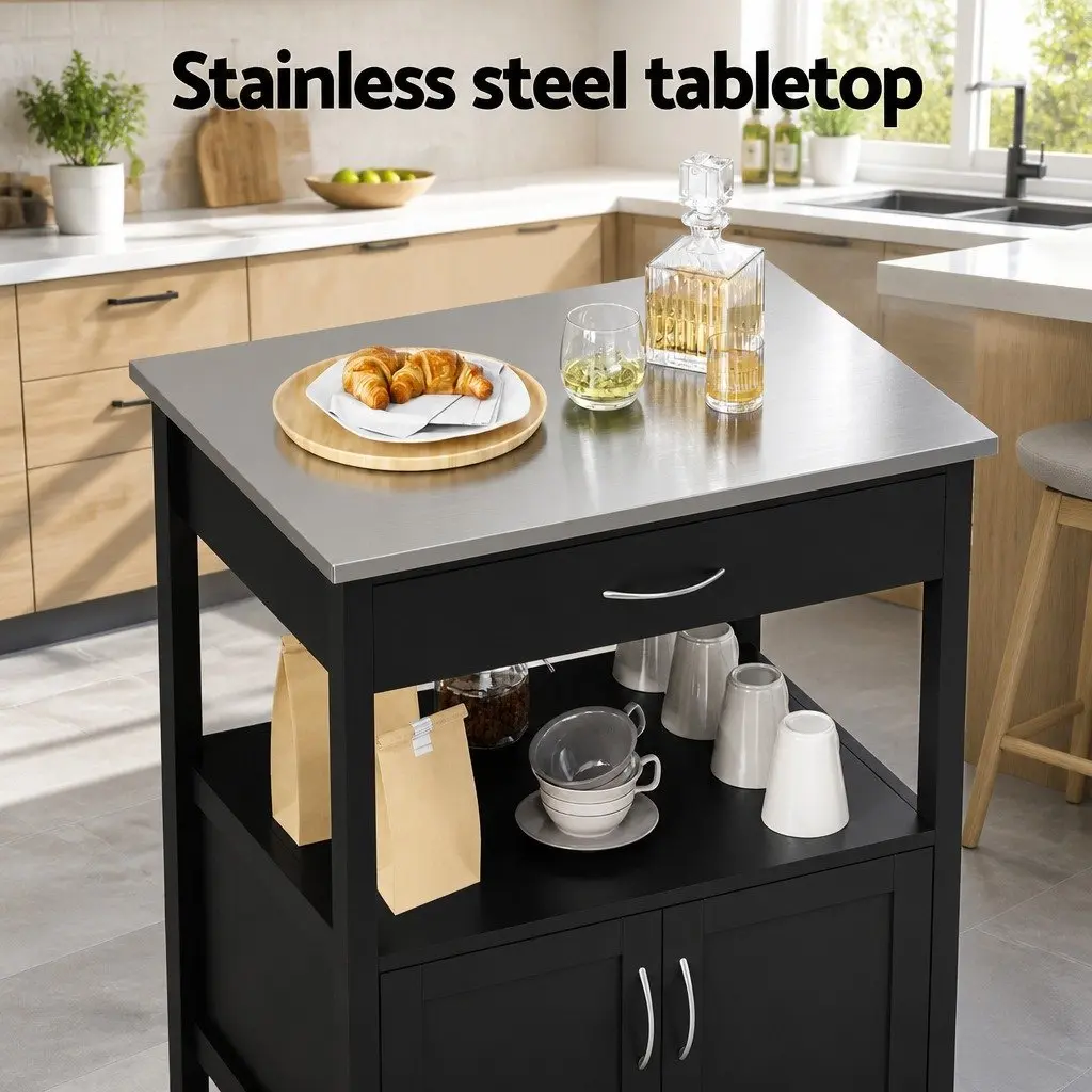 Kitchen Trolley Rolling Serving Cart 60cm Black MDF Stainless Steel