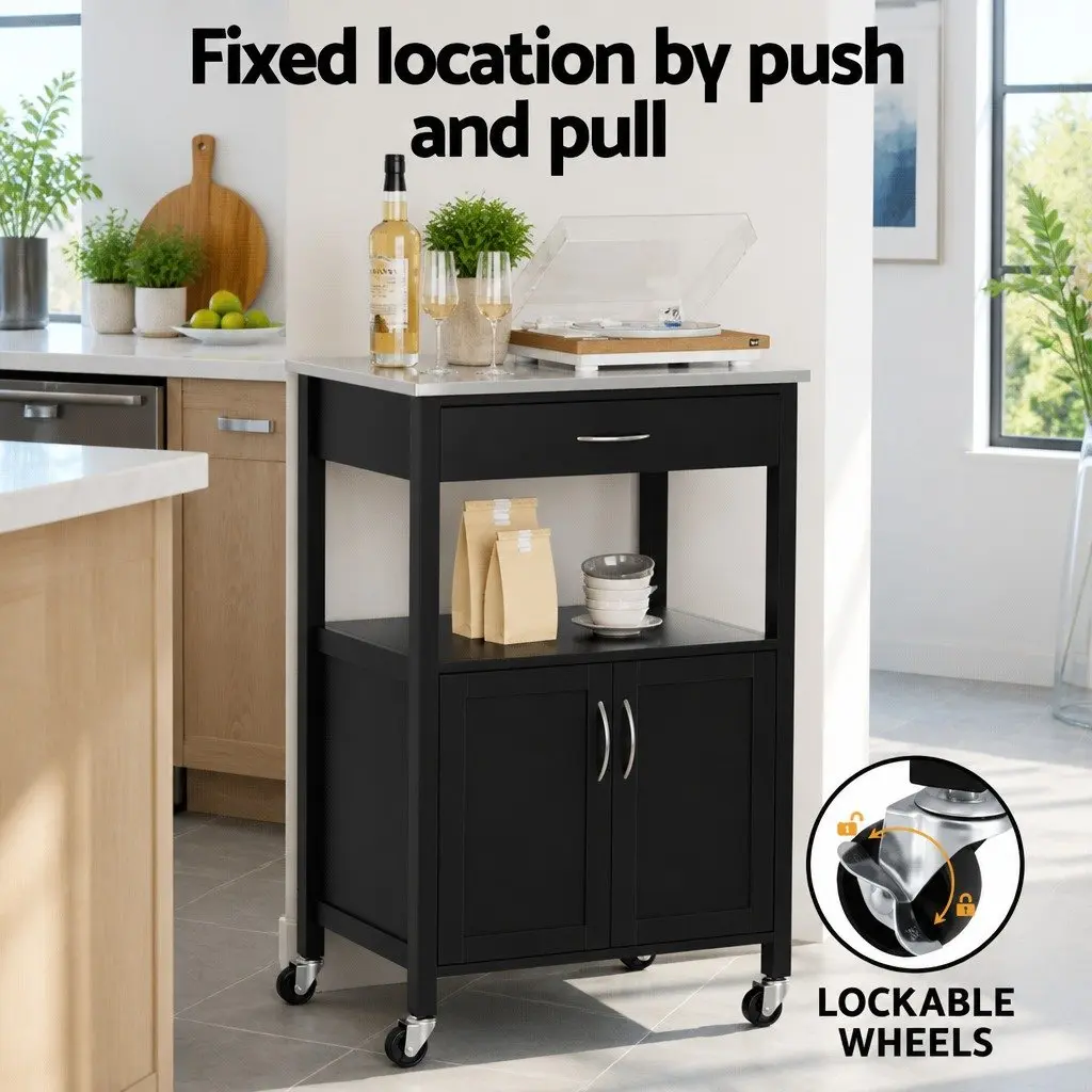 Kitchen Trolley Rolling Serving Cart 60cm Black MDF Stainless Steel