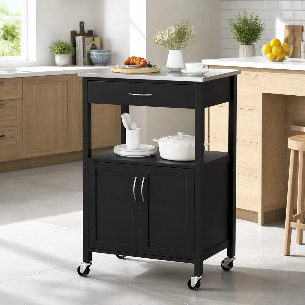 Kitchen Trolley Rolling Serving Cart 60cm Black MDF Stainless Steel