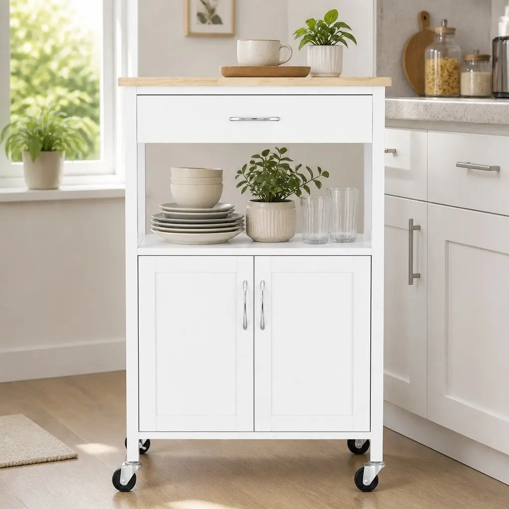 Kitchen Island Trolley Rolling Storage Cart Drawer Cabinet Cupboard 60cm MDF White