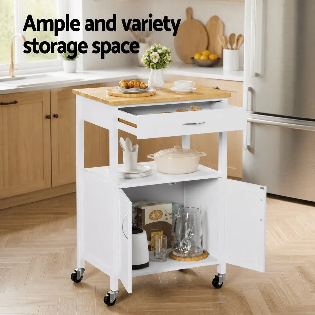 Kitchen Island Trolley Rolling Storage Cart Drawer Cabinet Cupboard 60cm MDF White