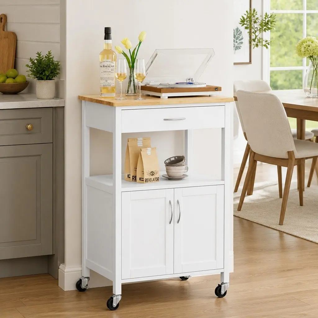 Kitchen Island Trolley Rolling Storage Cart Drawer Cabinet Cupboard 60cm MDF White