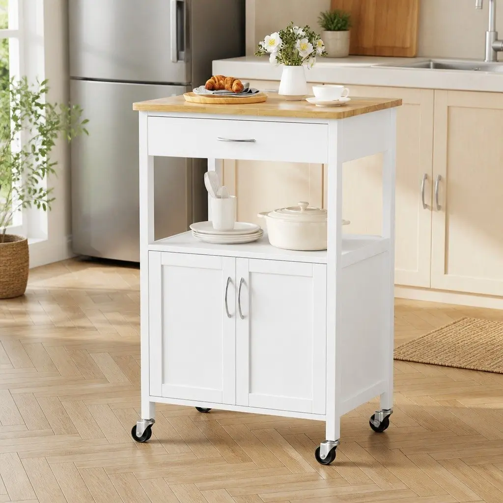 Kitchen Island Trolley Rolling Storage Cart Drawer Cabinet Cupboard 60cm MDF White