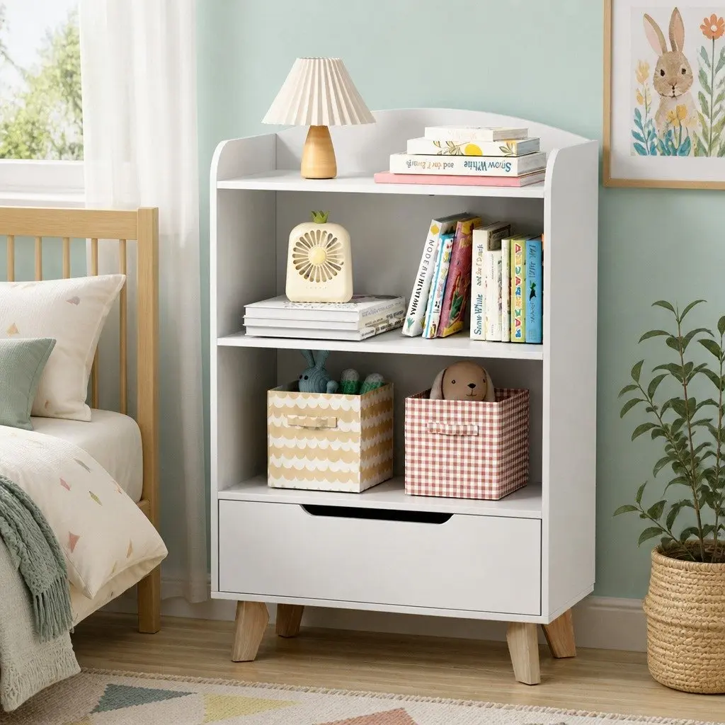 Yellow 3-Tier Kids Bookshelf with Drawer