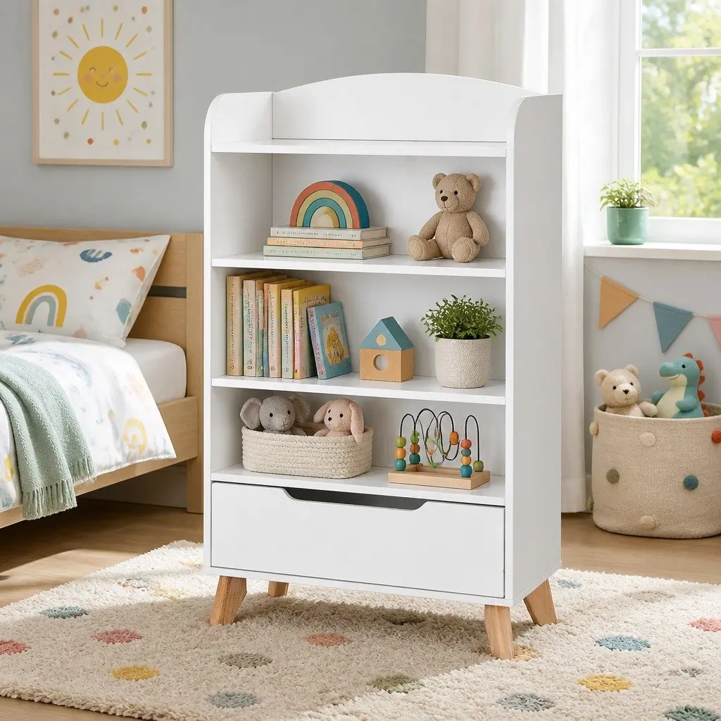 Yellow 3-Tier Kids Bookshelf with Drawer