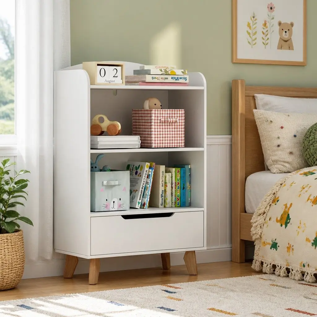 Yellow 3-Tier Kids Bookshelf with Drawer