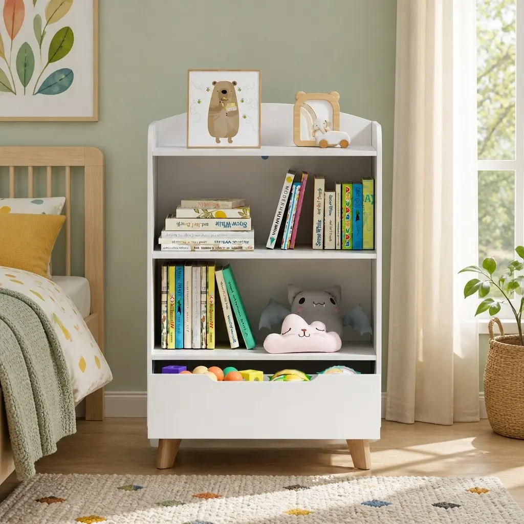 Yellow 3-Tier Kids Bookshelf with Drawer
