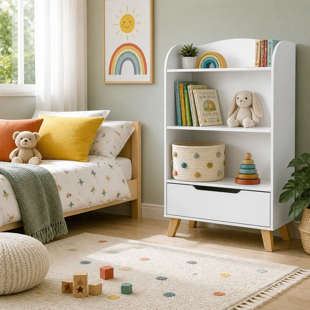 Yellow 3-Tier Kids Bookshelf with Drawer